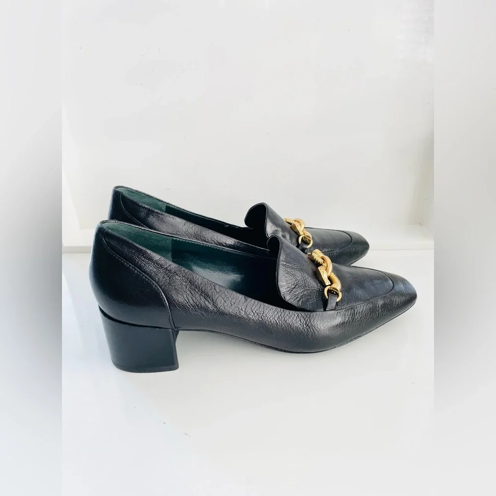 New Tory Burch Jessa heeled horse- head loafers, black leather sz 8.5. - Picture 8 of 16